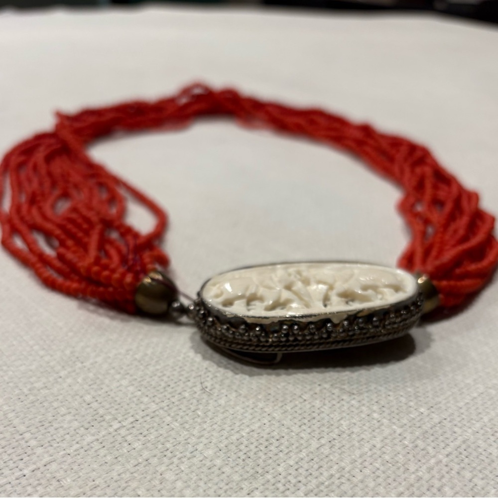 Statement Red Multi-Strand Seed Bead Necklace Silver Pendant Boho Artisan Resort - Picture 4 of 4